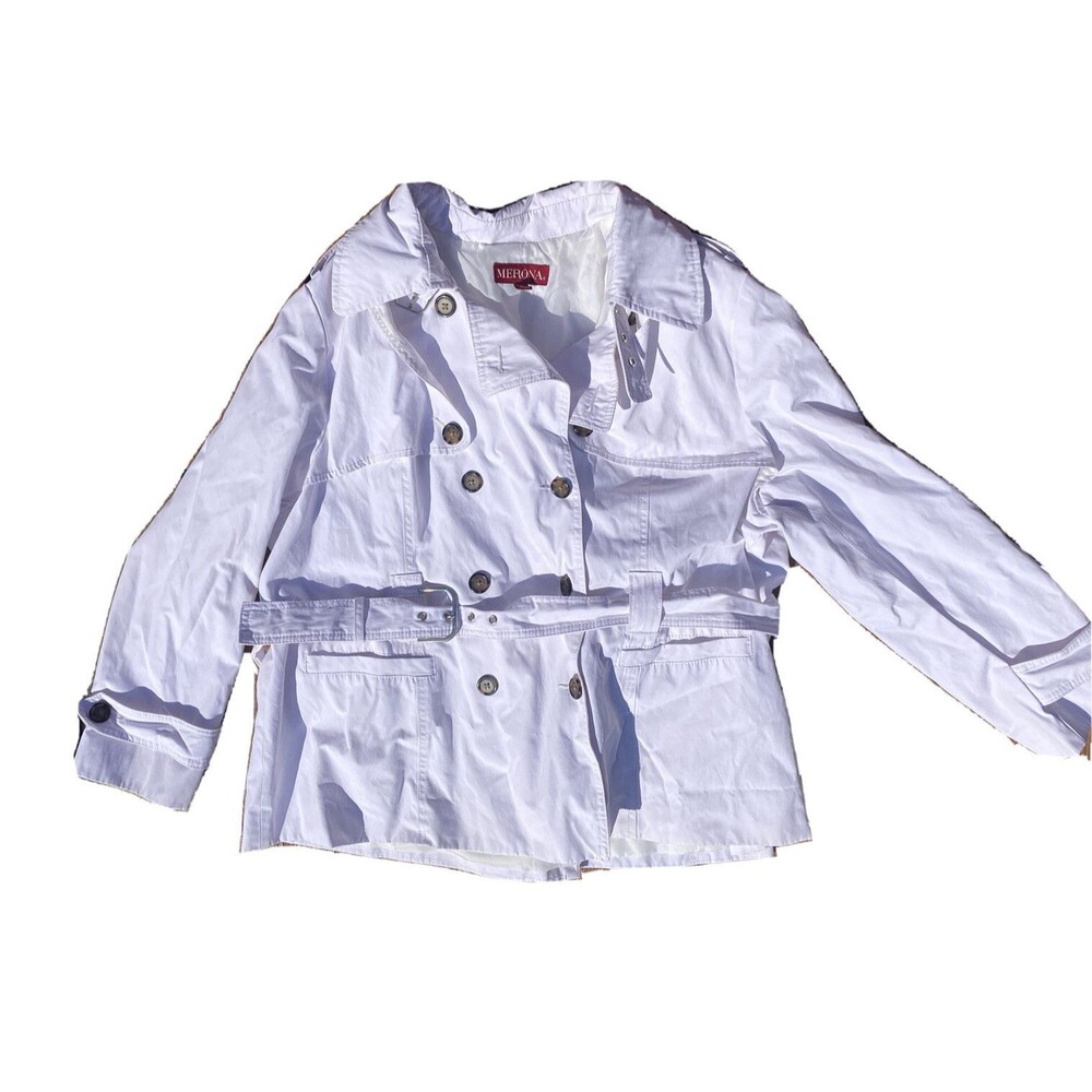 Merona Pea Coat Double Breasted Belt White Button Womens Size 2 Water Repellent